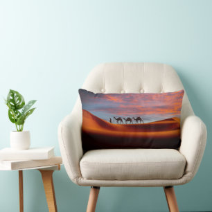 Deserts   Man & Camels in the Sand Dunes Lumbar Pillow