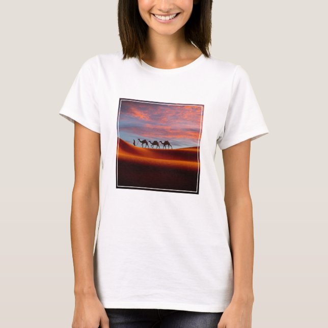 Deserts | Man & Camels in the Sand Dunes T-Shirt (Front)
