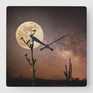 Deserts Saguaro Cactus With Birds in Desert Square Wall Clock
