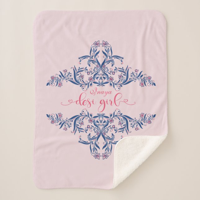 Desi Girl Text with Floral Persian Henna Pattern Sherpa Blanket (Front)