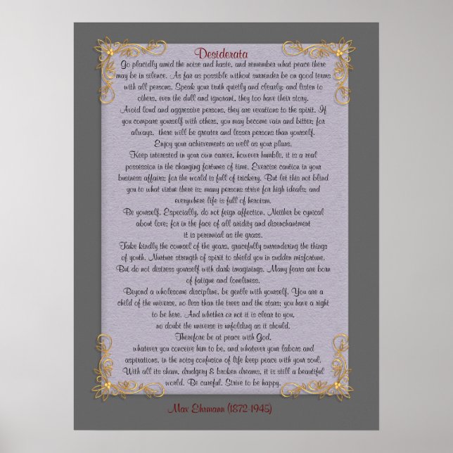 Desiderata "desired things", customizable colours poster (Front)