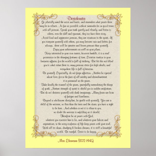 Desiderata "desired things", customizable colours poster (Front)