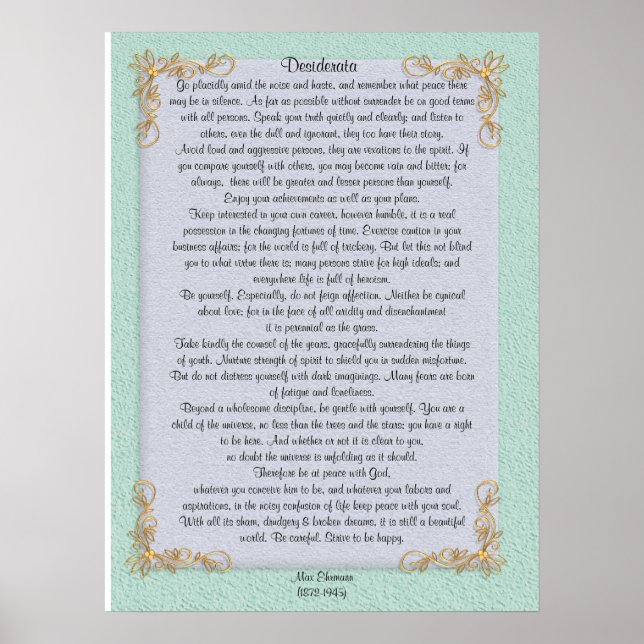 Desiderata "desired things", customizable colours poster (Front)