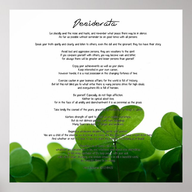 Desiderata "Desired Things" on Green Clovers Poster (Front)