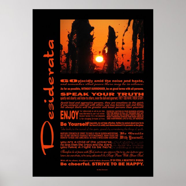 Desiderata Poem Fontain Water At Sunset Poster (Front)