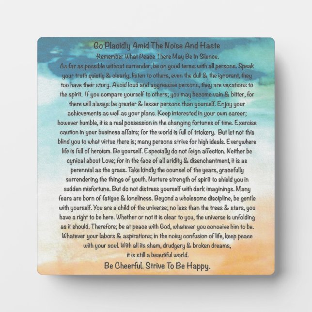 Desiderata Poem in Blue Thunder On The Beach Plaque (Front)