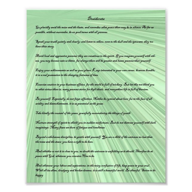Desiderata poem on a green light ray background photo print (Front)