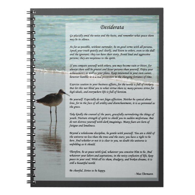 Desiderata Poem - Seagull on the Beach Scene Notebook (Front)