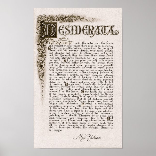 DESIDERATA Poster by Max Ehrmann=Charcoal (Front)