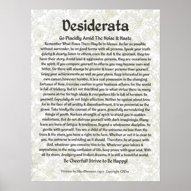 DESIDERATA Poster Max Ehrmann Calligraphie médiéva (Devant)