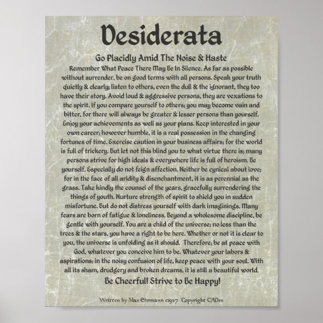 DESIDERATA Poster Max Ehrmann-Medieval Calligraphy (Front)