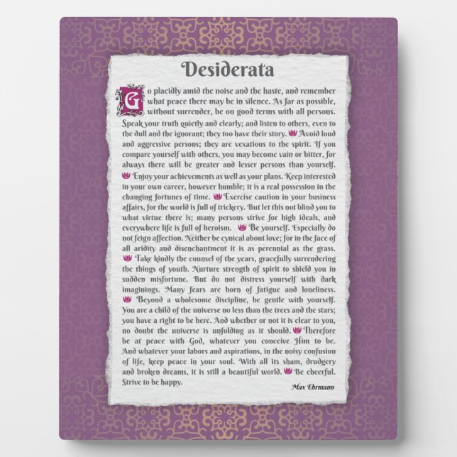 Desiderata - Things desired Plaque (Front)