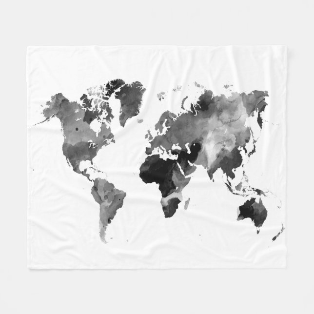 Design 42 World Map Greyscale Fleece Blanket (Front (Horizontal))