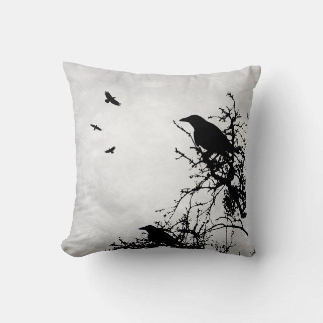 Design 43 Crow Raven Birds Grey Throw Pillow (Front)