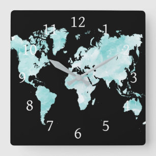 Design 72 black aqua blue world map square wall clock