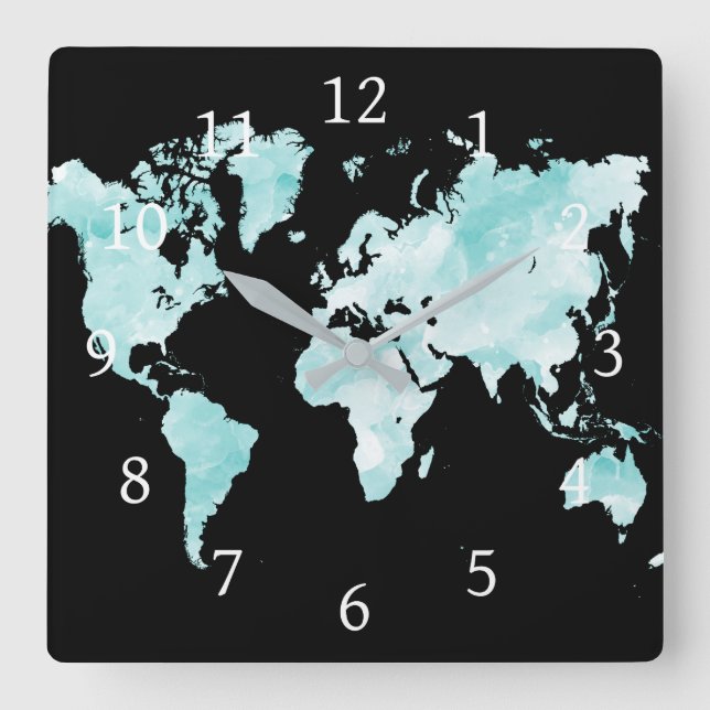 Design 72 black aqua blue world map square wall clock (Front)
