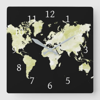Design 73 black green world map square wall clock