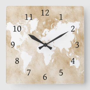 Design 82 tan world map square wall clock