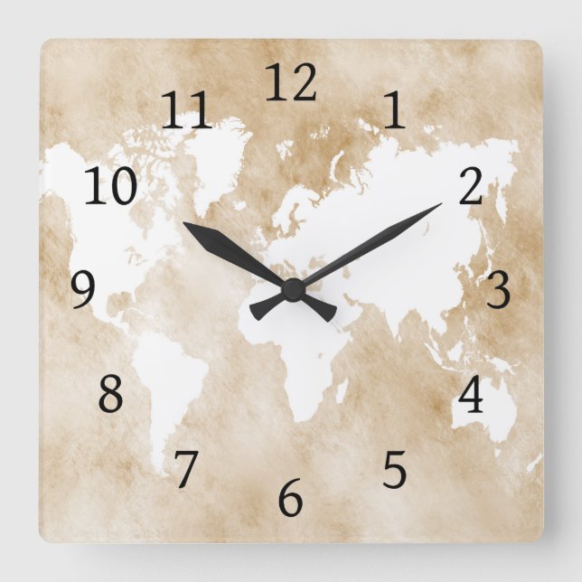 Design 82 tan world map square wall clock (Front)