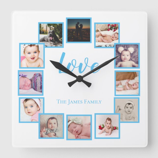 Design a 12 Photo Collage Personalized Blue Square Wall Clock (Front)