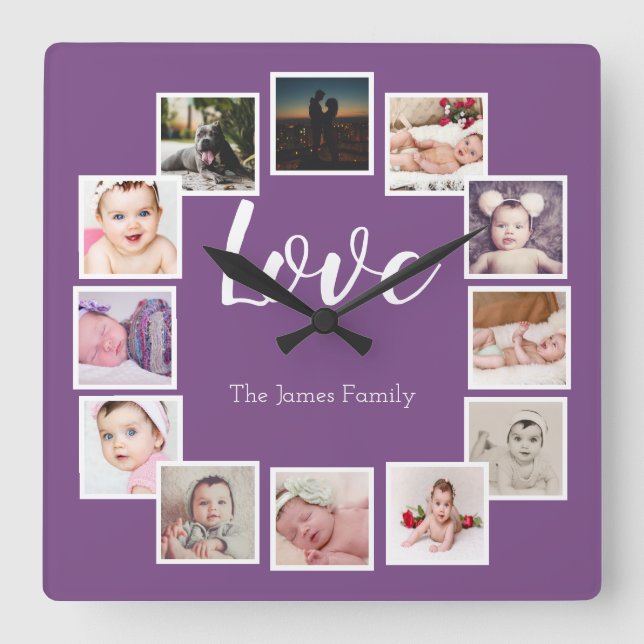 Design a 12 Photo Collage Personalized Purple Square Wall Clock (Front)
