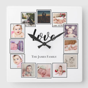 Design a 12 Photo Collage Personalized White Black Square Wall Clock