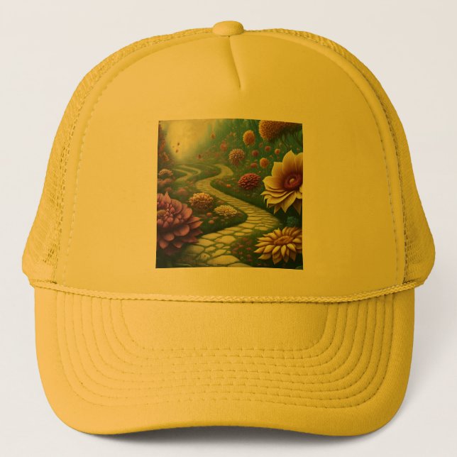 Design a dreamlike scene of a garden with flower trucker hat (Front)