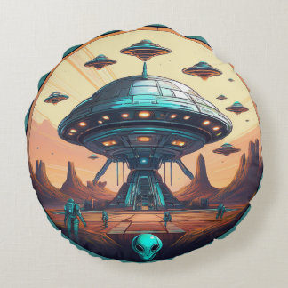 Design a futuristic scene of a space station round pillow