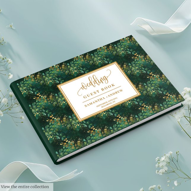 Design de livre d'hôtes mariage de feuillage d'or  (Deep green gold foliage wedding guest book design

)