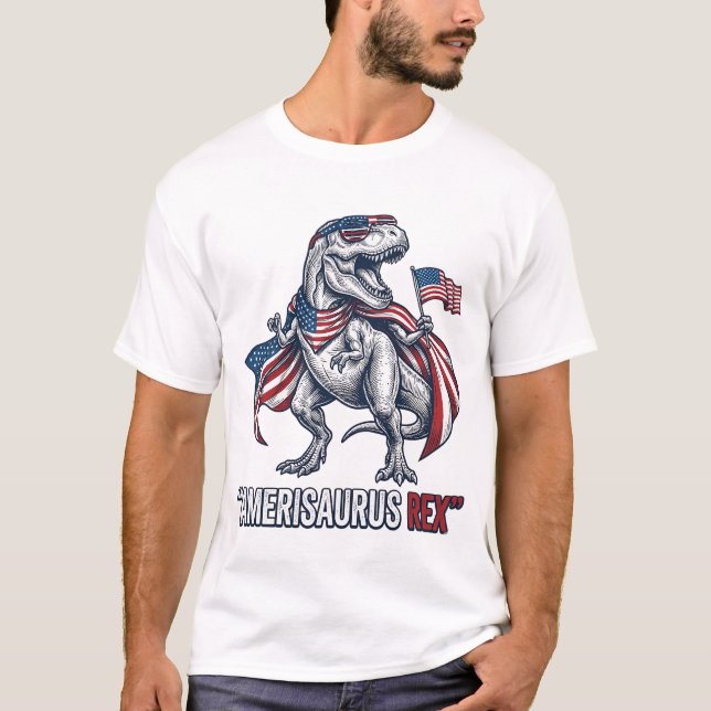 Design de T-Shirt Blanc Amerisaurus Rex Patriotiqu (Devant)