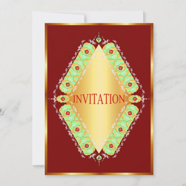 Design diamant vert et or dans invitation rouge (Devant)