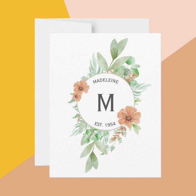 Design "Floral Peach" - Carte de voeux personnalis (Personalised greeting card with floral design and peach coloured flowers. )