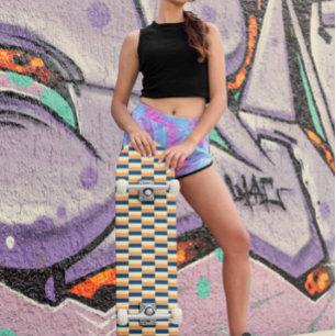 Design in three colors (blue, yellow, terracotta) skateboard