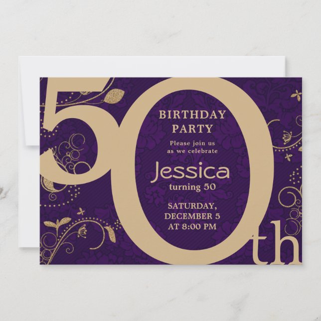 Design moderne or et violet Invitation d'anniversa (Devant)