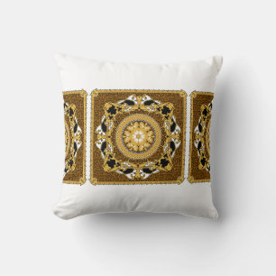 Design of silk scarf with animal print and golden throw pillow