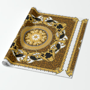 Design of silk scarf with animal print and golden wrapping paper