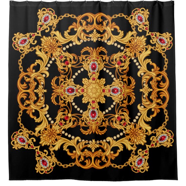 Design of silk scarf with ruby gem stones and gold (Front)