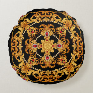 Design of silk scarf with ruby gem stones and gold round pillow