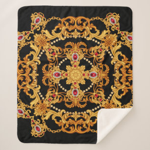 Design of silk scarf with ruby gem stones and gold sherpa blanket