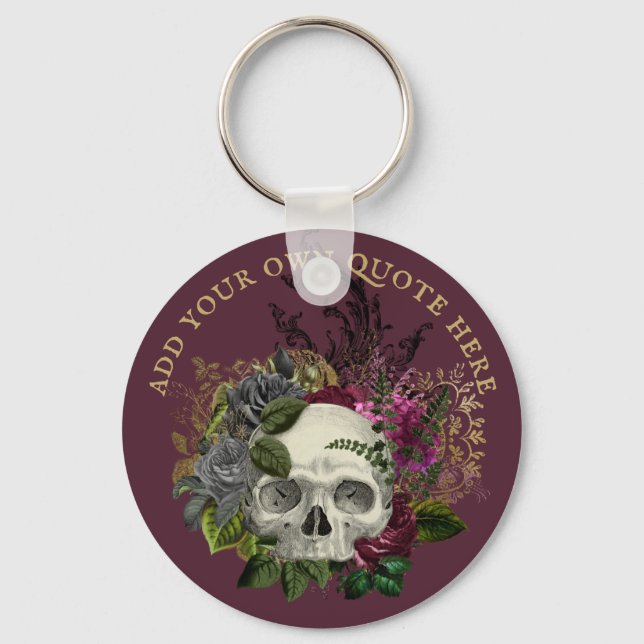 Design Own Gothic Skull Burgundy Roses Goth Death Keychain (Front)