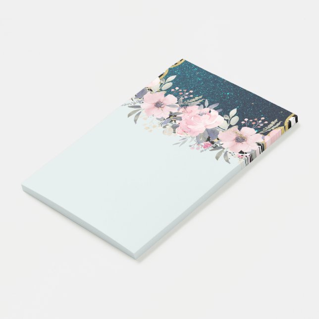 Design Own Stationery Girly Flowers Blue Glitter Post-it Notes (Angled)