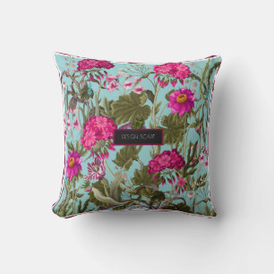 Design scarf with geraniums and wild flowers. Tren Throw Pillow