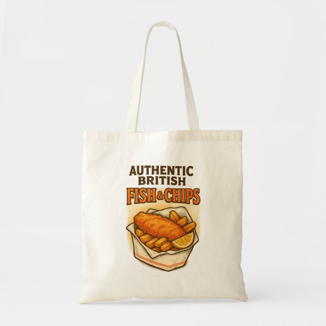 Design Vintage “Authentic British Fish & Chips” Tote Bag (Front)