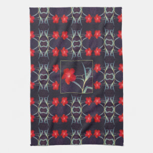 Design with Red Flowers and Leaves Kitchen Towel
