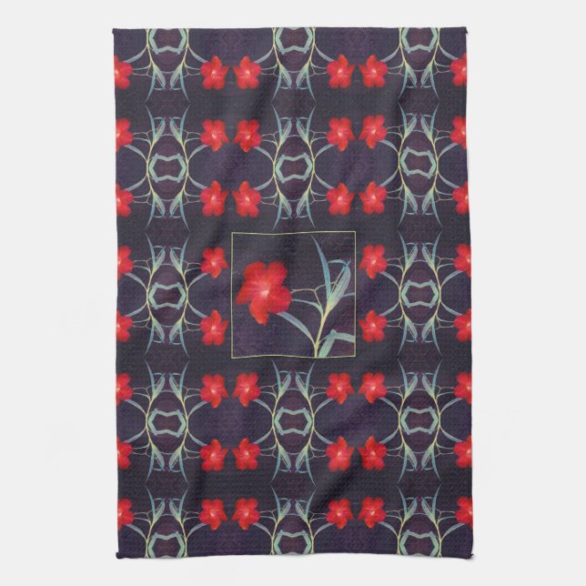 Design with Red Flowers and Leaves Kitchen Towel (Vertical)