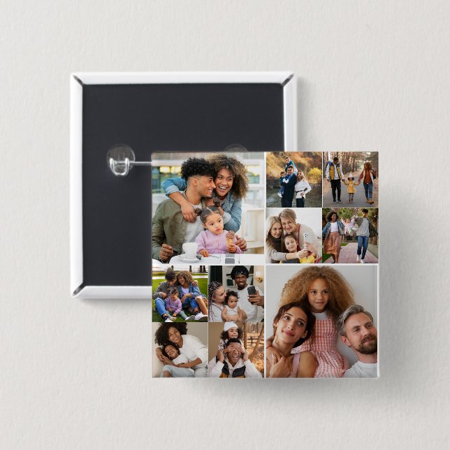 Design Your Own 10 Photo Collage 2 Inch Square Button (Front & Back)