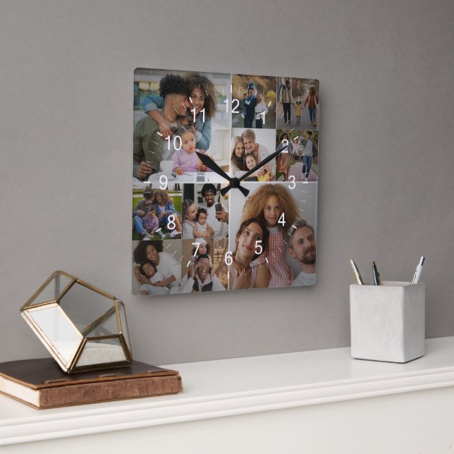 Design Your Own 10 Photo Collage Square Wall Clock (Office)