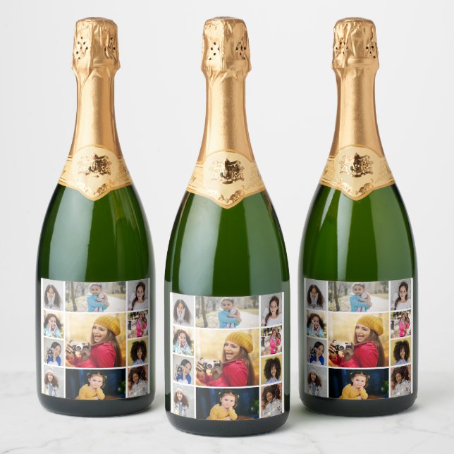 Design Your Own 11 Photo Collage Sparkling Wine Label (Bottles)