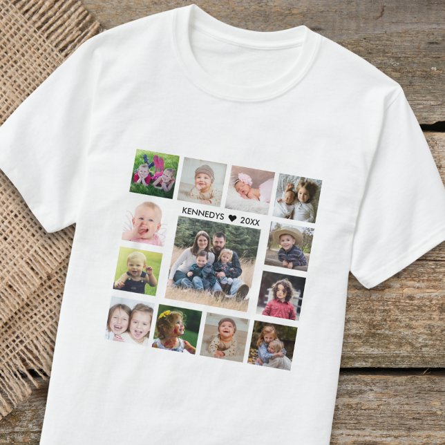 Design Your Own 13 Photo Collage Family Name Text T-Shirt (Creator Uploaded)