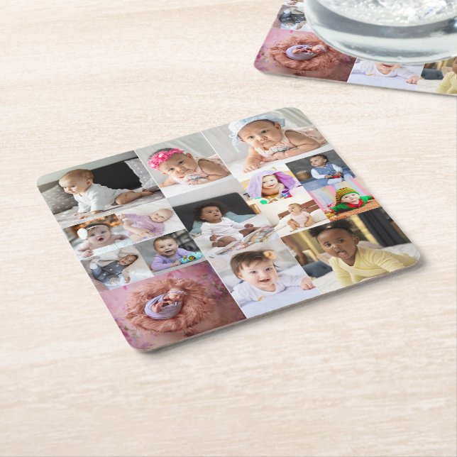 Design Your Own 15 Photo Collage Square Paper Coaster (Angled)